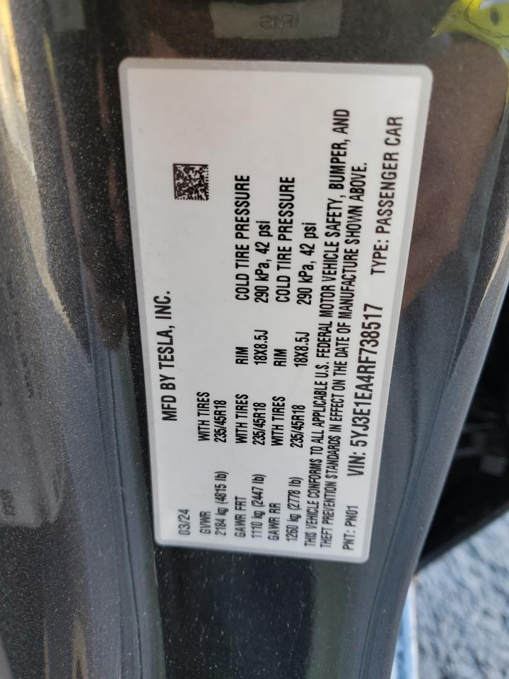 2024 TESLA MODEL 3 VIN:5YJ3E1EA4RF738517