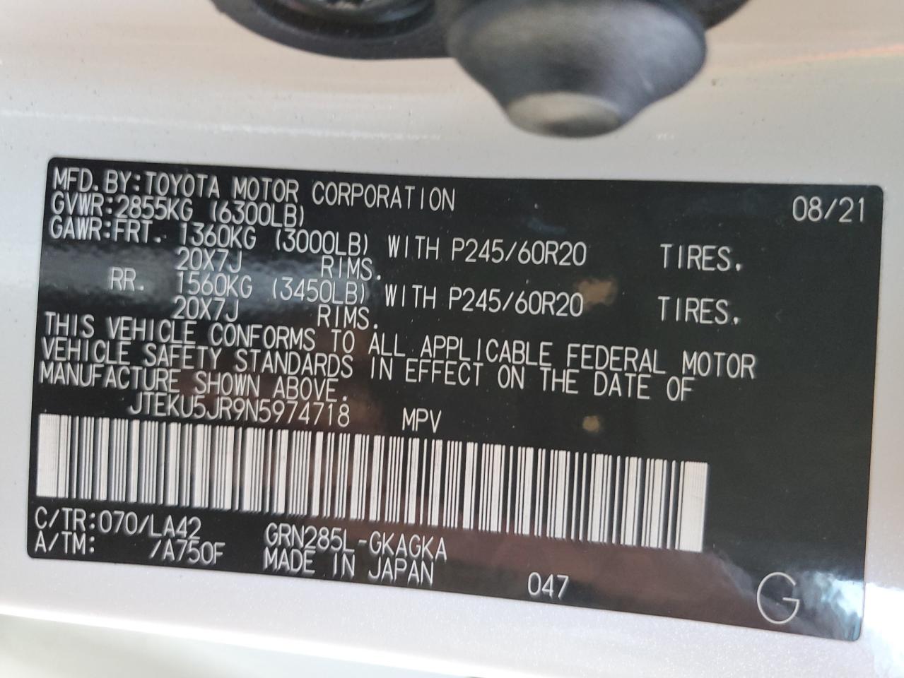 2022 TOYOTA 4RUNNER LIMITED VIN:JTEKU5JR9N5974718