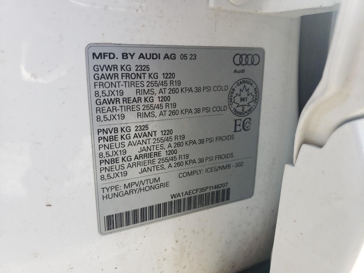 2023 AUDI Q3 KOMFORT 45 VIN:WA1AECF35P1146207