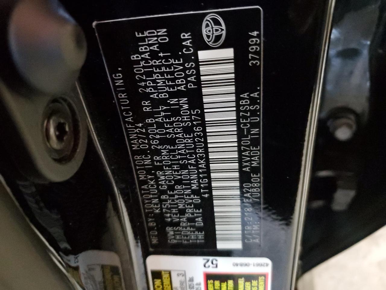 2024 TOYOTA CAMRY SE NIGHT SHADE VIN:4T1G11AK3RU236175