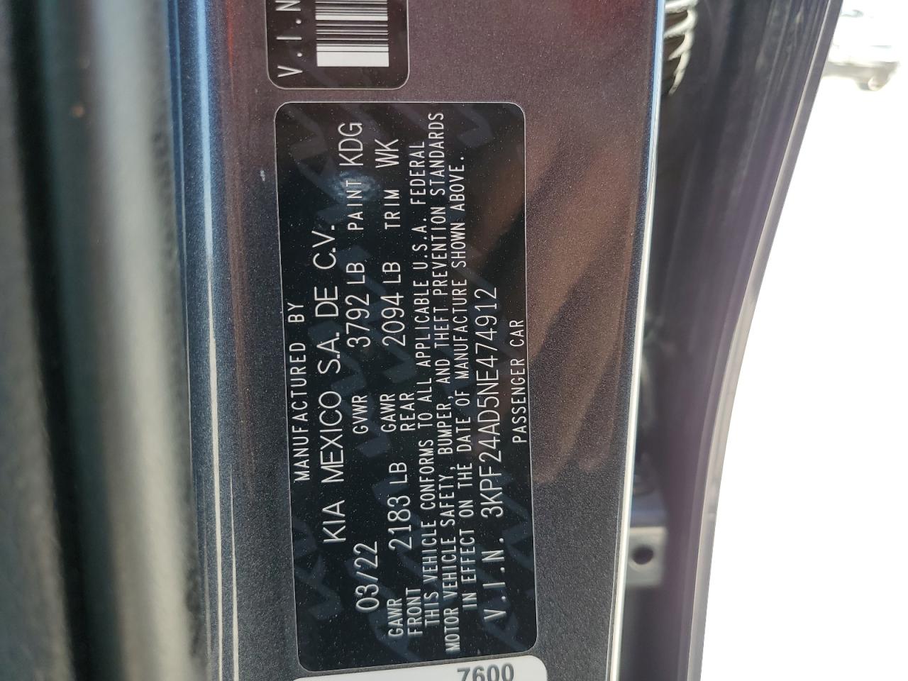 2022 KIA FORTE FE VIN:3KPF24AD5NE474912