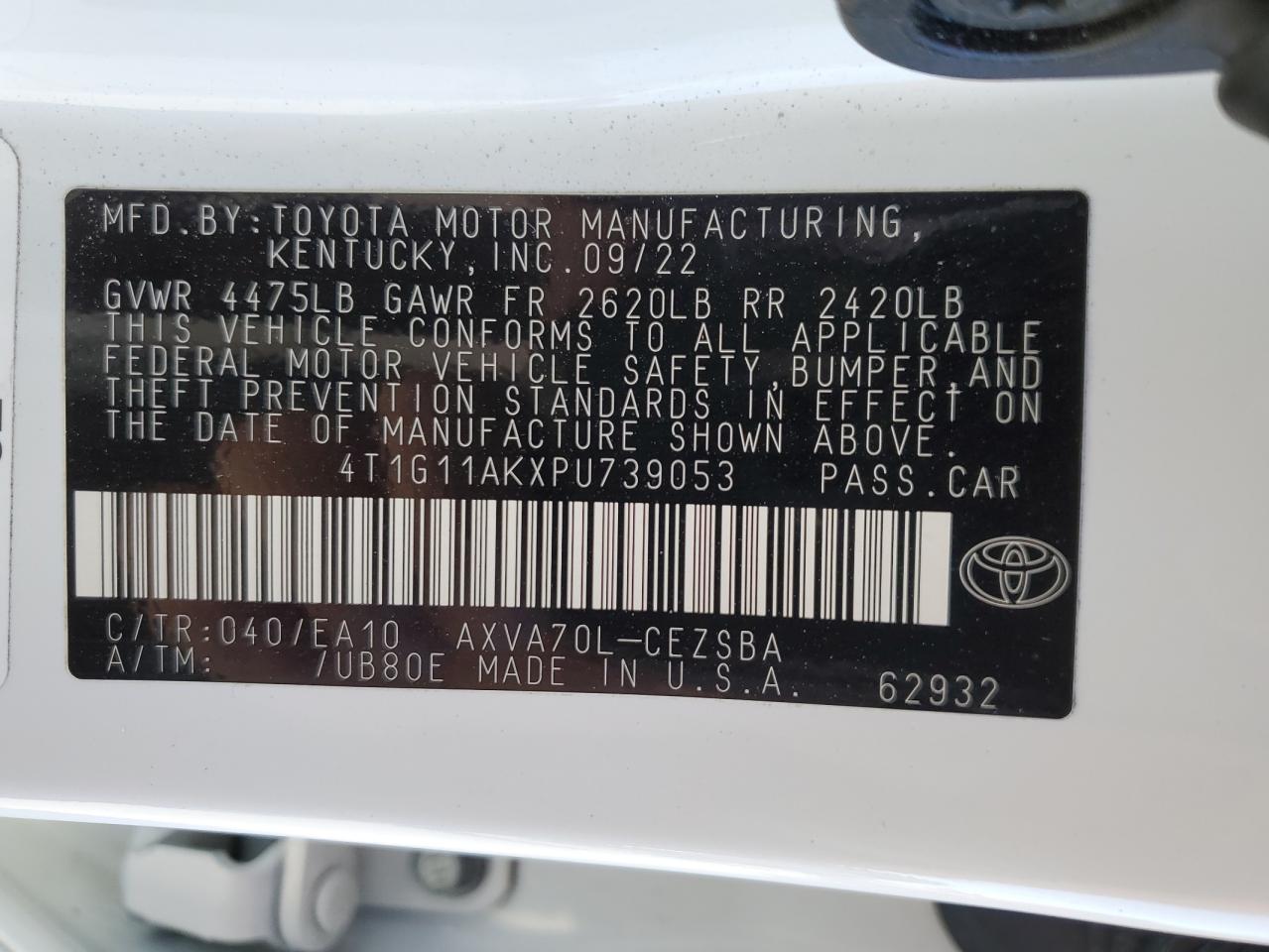 2023 TOYOTA CAMRY SE NIGHT SHADE VIN:4T1G11AKXPU739053