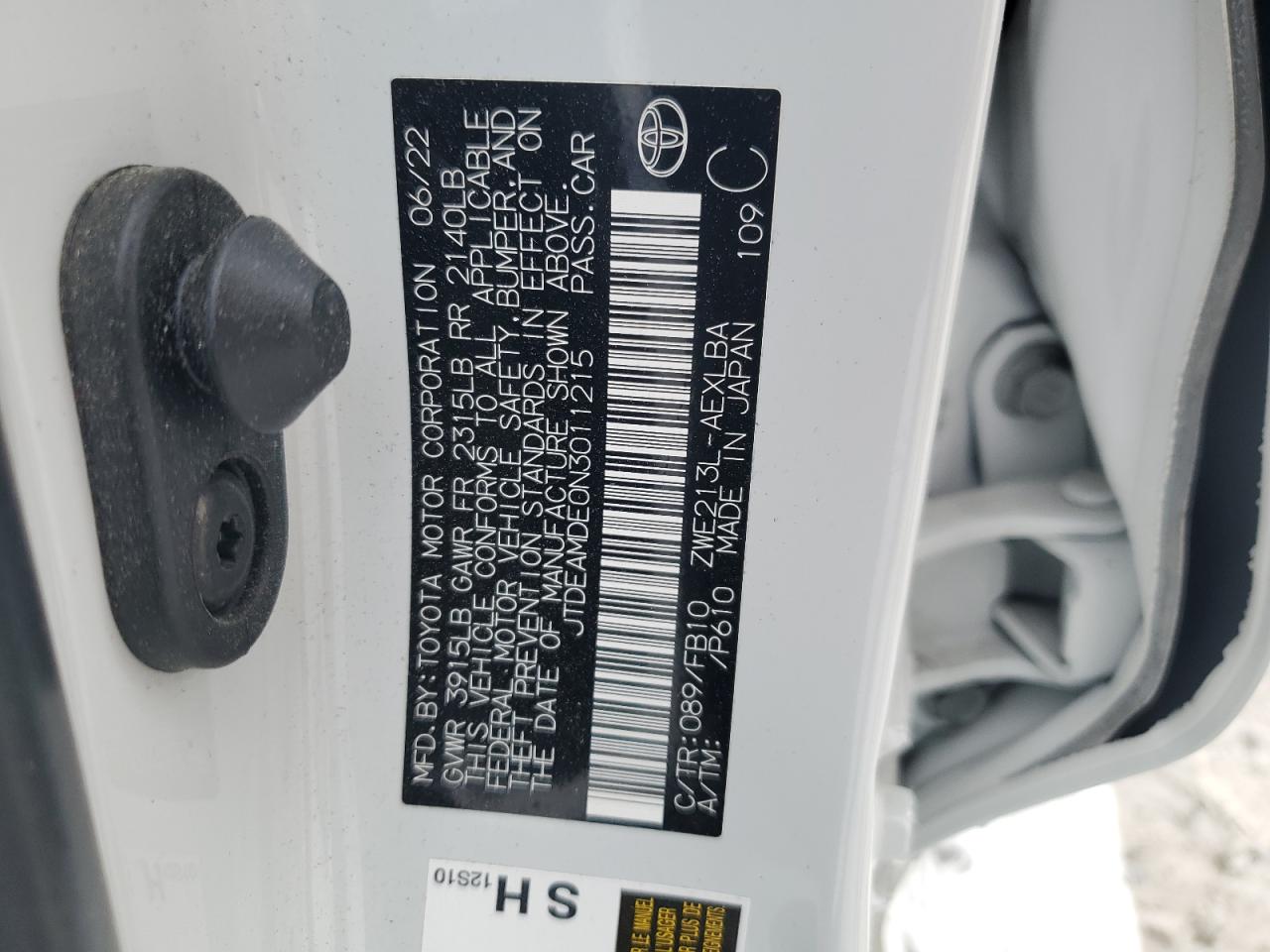 2022 TOYOTA COROLLA LE VIN:JTDEAMDE0N3011215