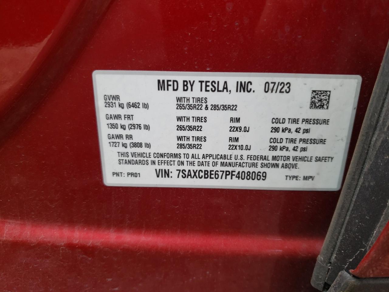 2023 TESLA MODEL X VIN:7SAXCBE67PF408069
