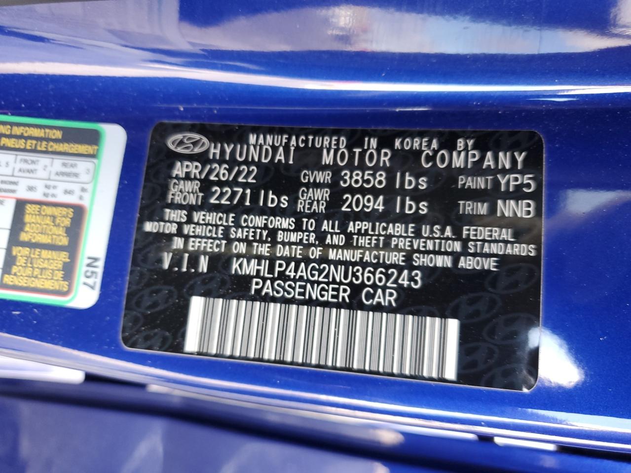 2022 HYUNDAI ELANTRA LIMITED VIN:KMHLP4AG2NU366243