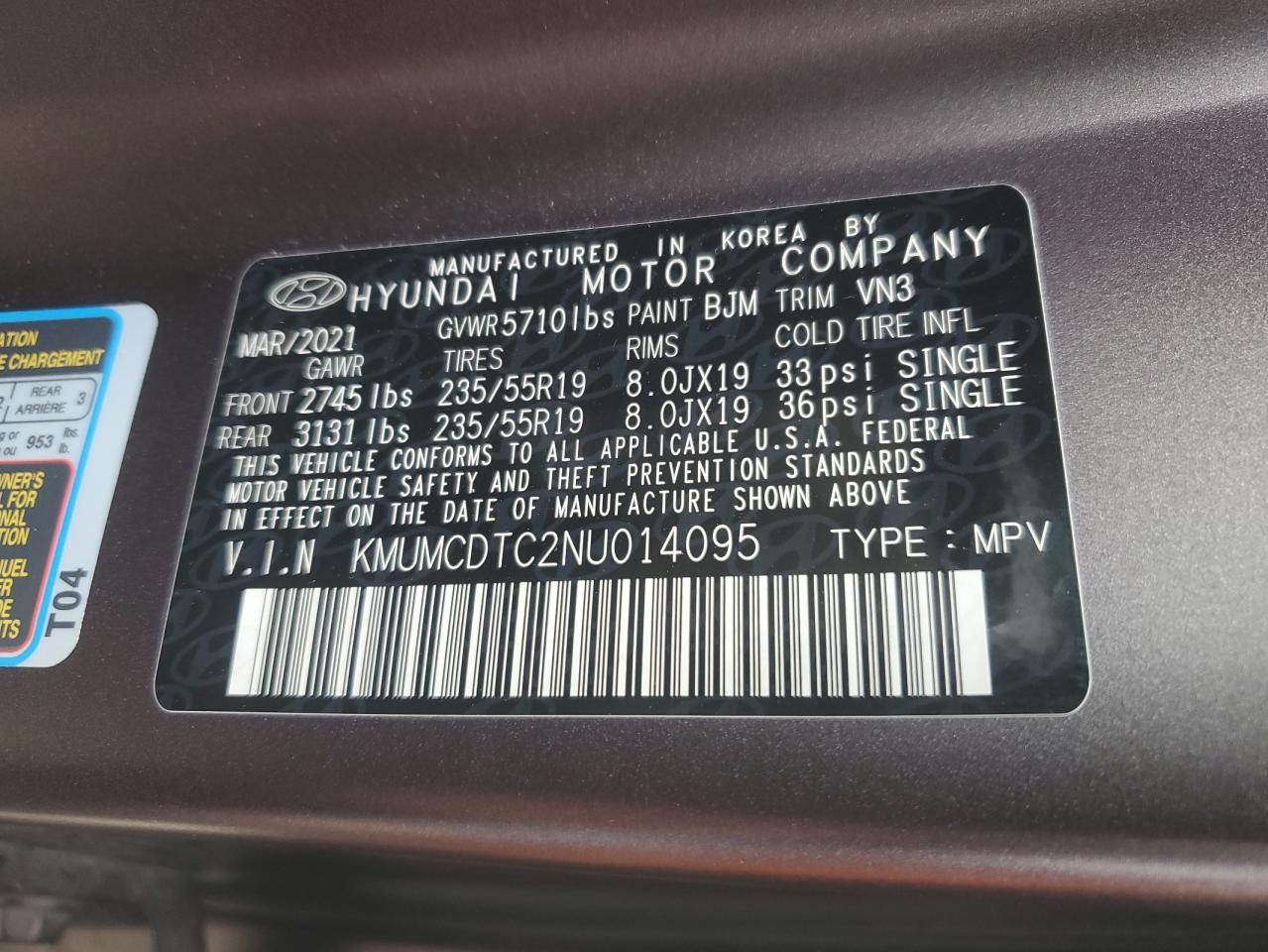 2022 GENESIS GV70 BASE VIN:KMUMCDTC2NU014095