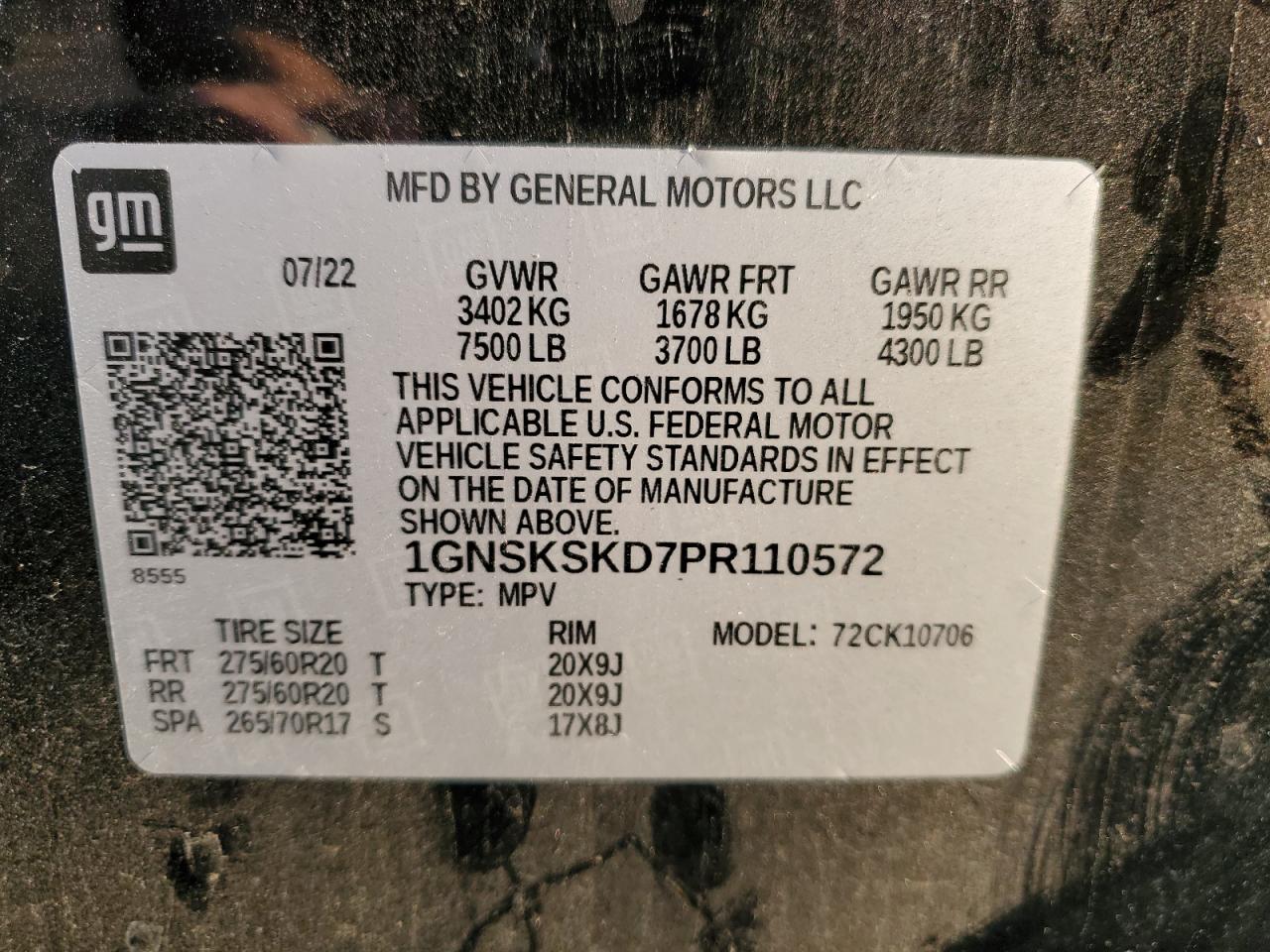 2023 CHEVROLET TAHOE K1500 PREMIER VIN:1GNSKSKD7PR110572