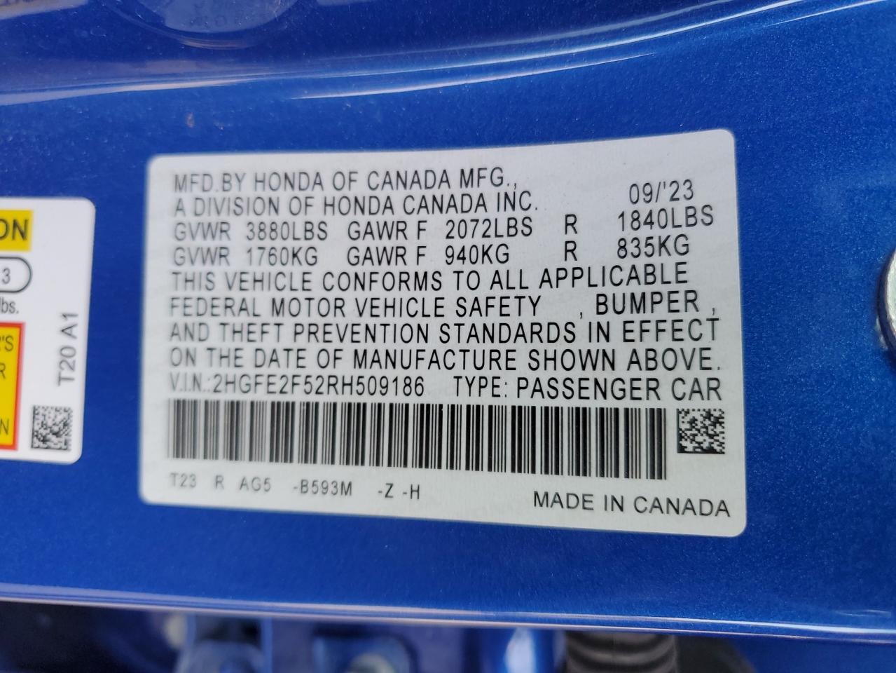 2024 HONDA CIVIC SPORT VIN:2HGFE2F52RH509186