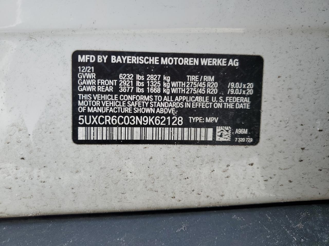 2022 BMW X5 XDRIVE40I VIN:5UXCR6C03N9K62128