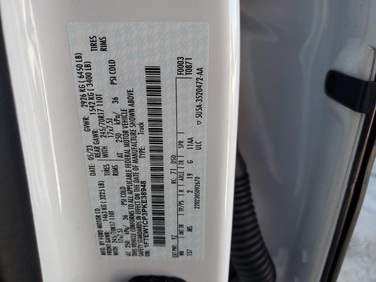 2023 FORD F150 SUPERCREW VIN:1FTEW1CP3PKE38948
