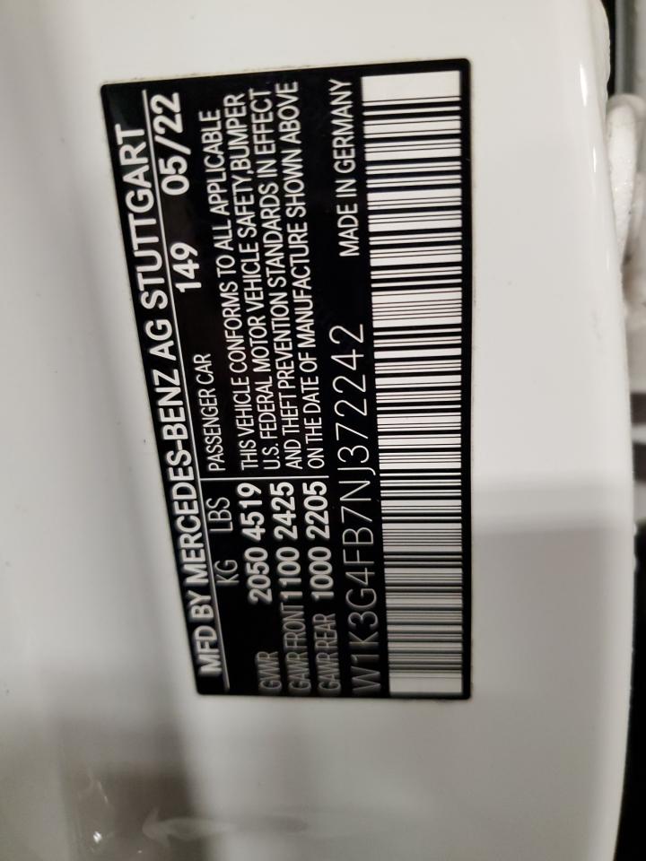 2022 MERCEDES-BENZ A 220 4MATIC VIN:W1K3G4FB7NJ372242