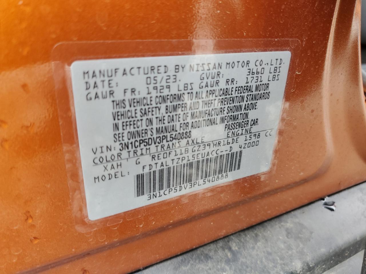 2023 NISSAN KICKS SR VIN:3N1CP5DV3PL540888