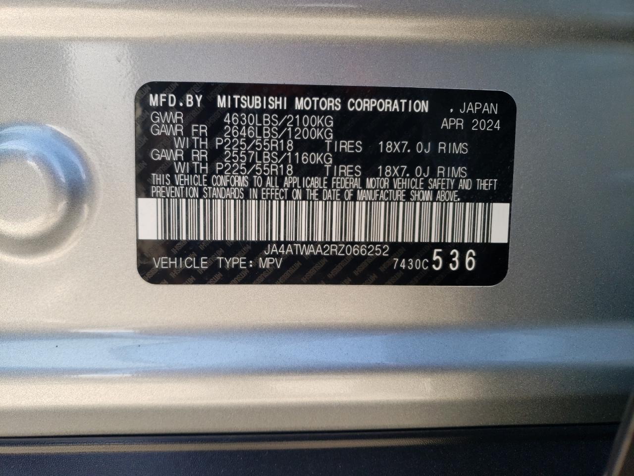 2024 MITSUBISHI ECLIPSE CROSS SE VIN:JA4ATWAA2RZ066252