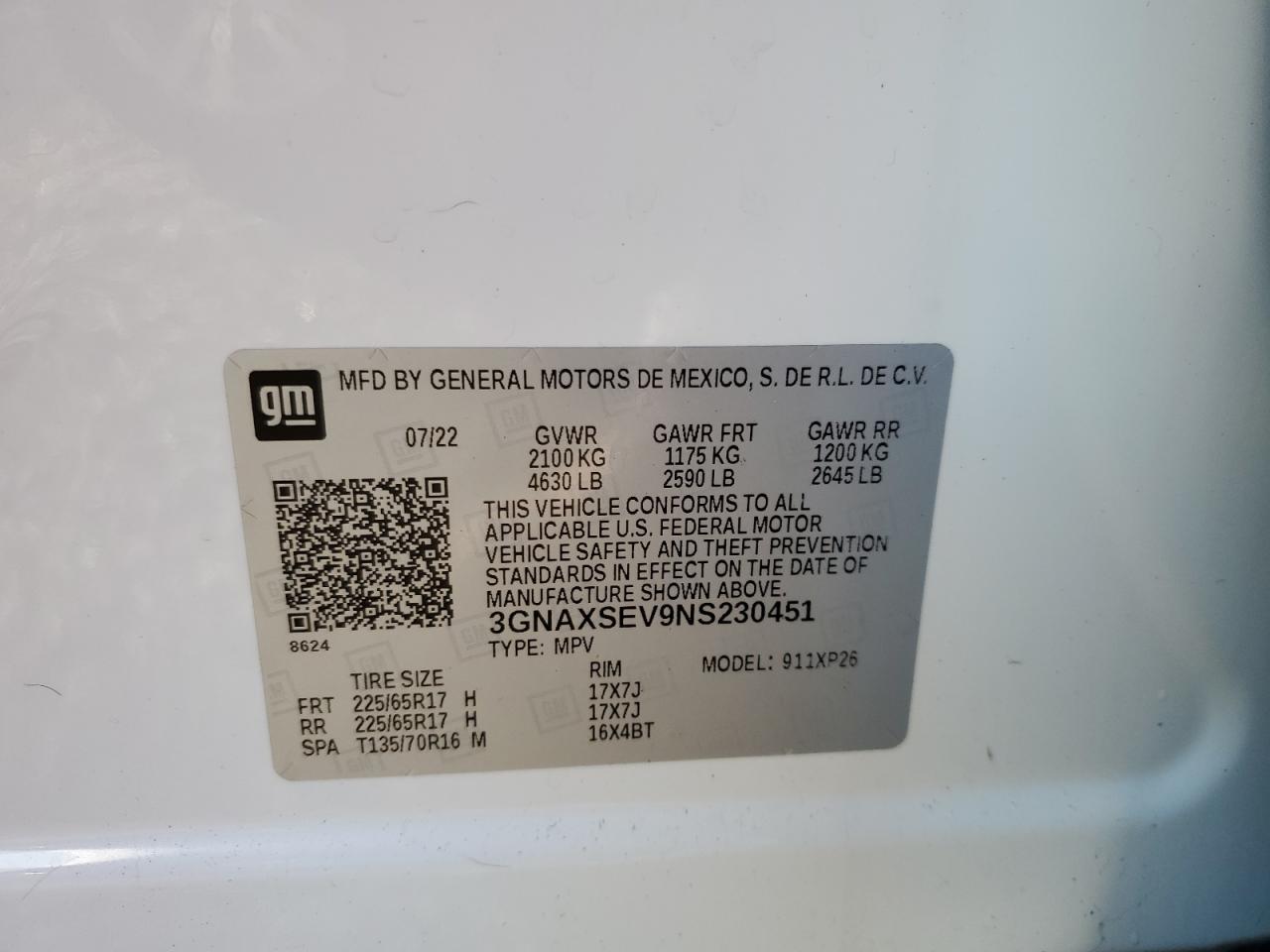 2022 CHEVROLET EQUINOX LS VIN:3GNAXSEV9NS230451