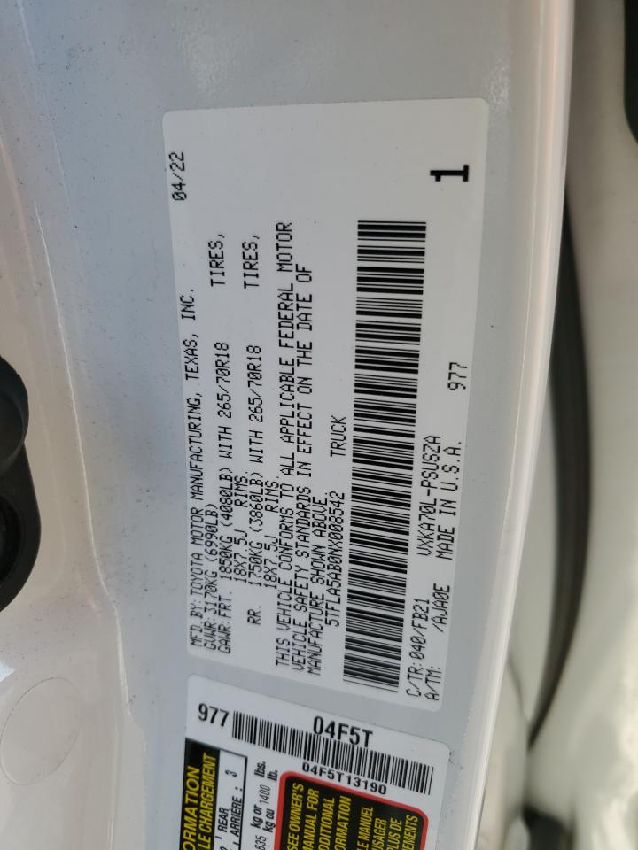 2022 TOYOTA TUNDRA CREWMAX SR VIN:5TFLA5AB0NX008542