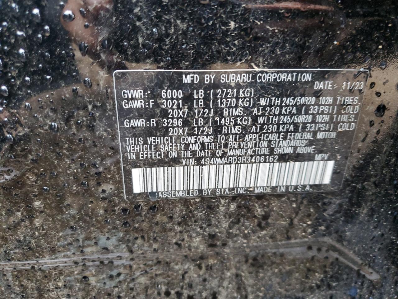 2024 SUBARU ASCENT LIMITED VIN:4S4WMARD3R3406162