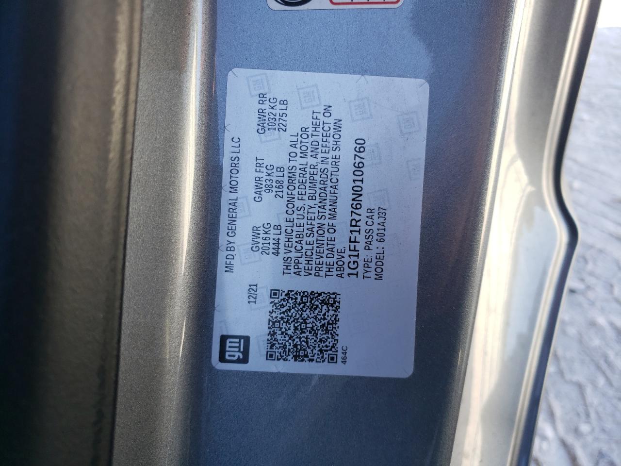 2022 CHEVROLET CAMARO LT1 VIN:1G1FF1R76N0106760