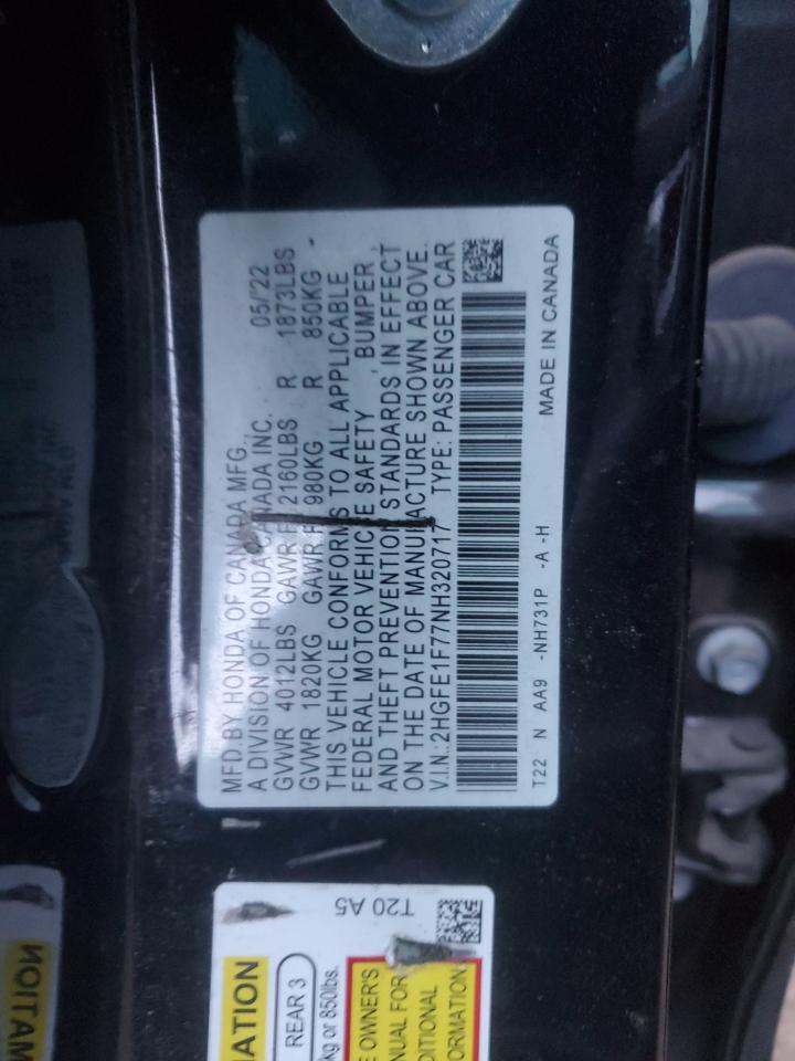 2022 HONDA CIVIC EX VIN:2HGFE1F77NH320717