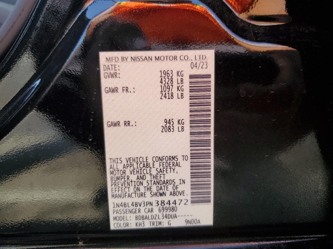 2023 NISSAN ALTIMA S VIN:1N4BL4BV3PN384472