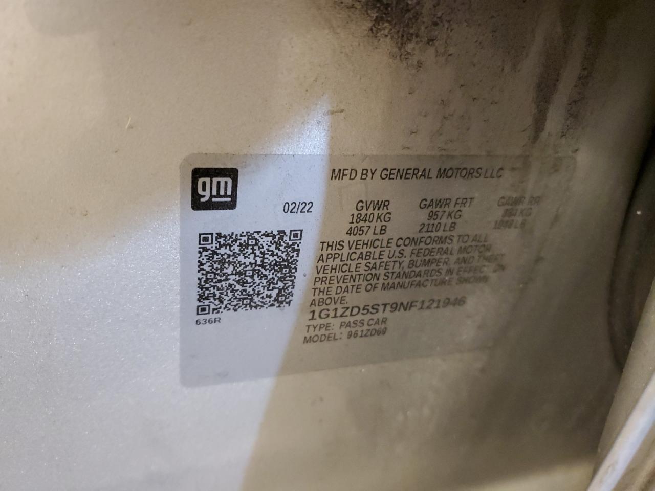 2022 CHEVROLET MALIBU LT VIN:1G1ZD5ST9NF121946