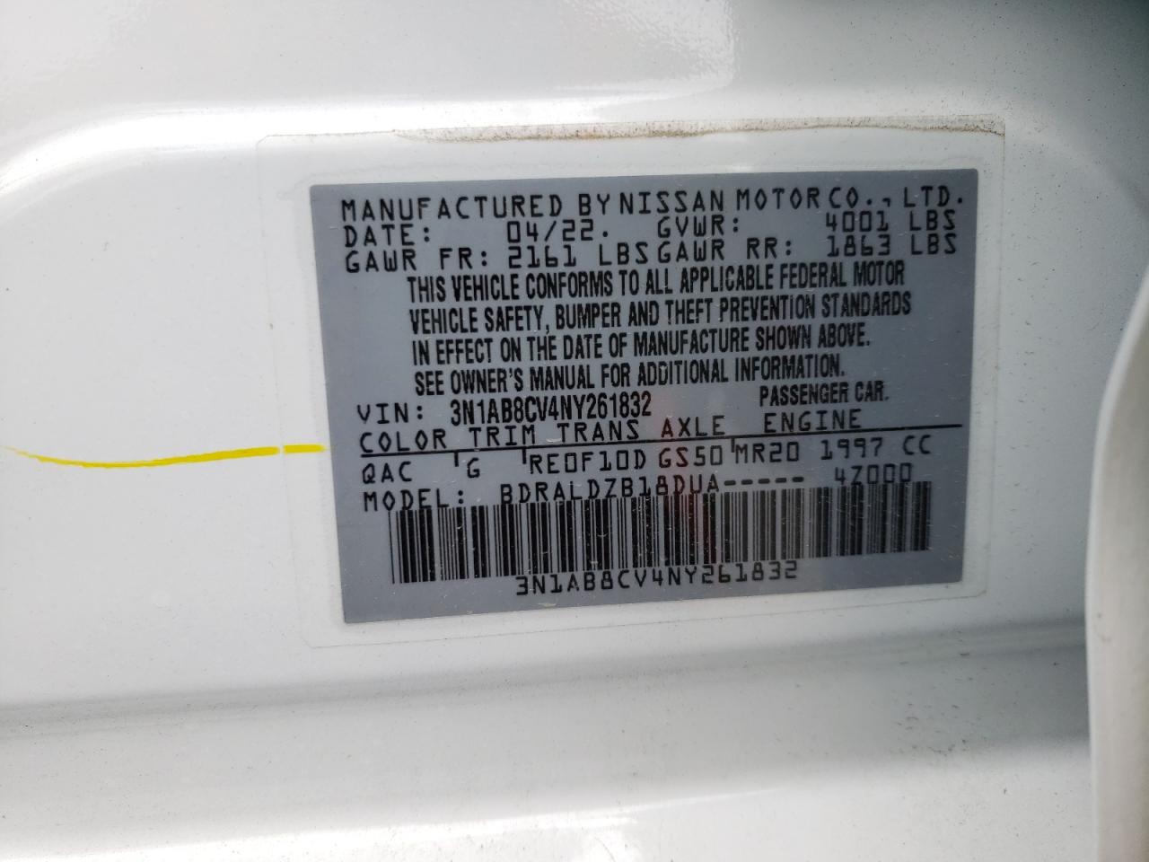 2022 NISSAN SENTRA SV VIN:3N1AB8CV4NY261832