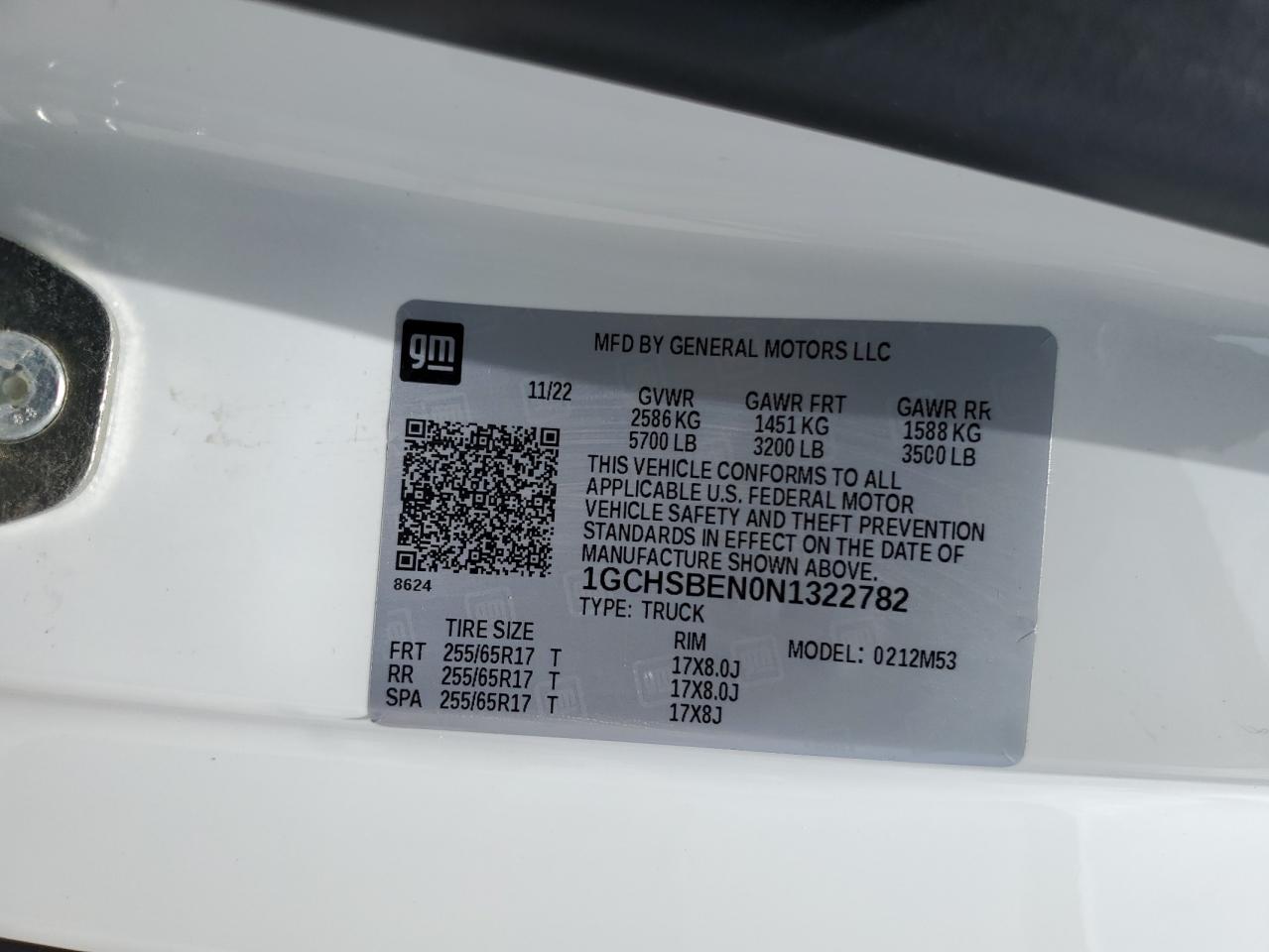 2022 CHEVROLET COLORADO VIN:1GCHSBEN0N1322782
