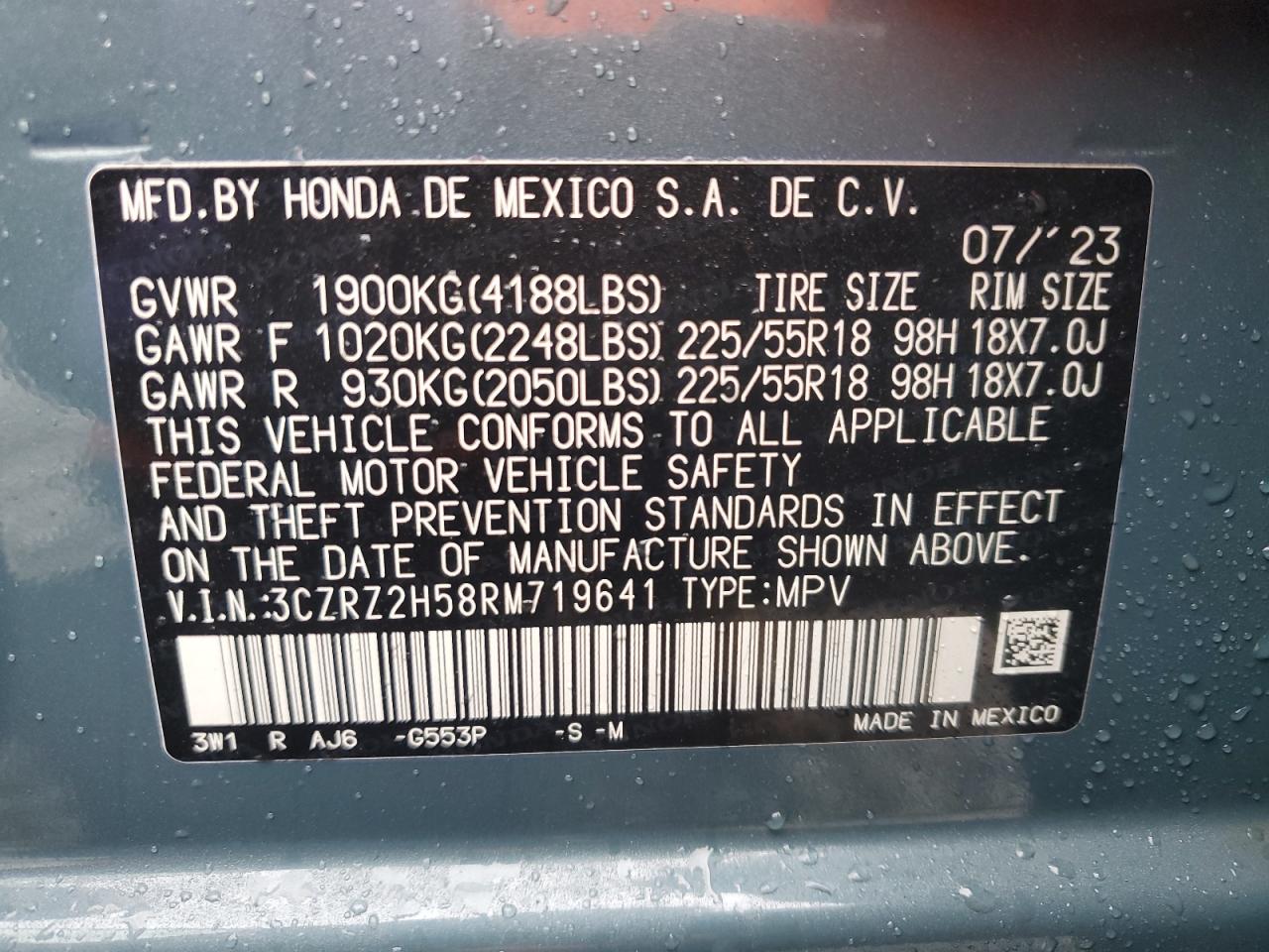 2024 HONDA HR-V SPORT VIN:3CZRZ2H58RM719641