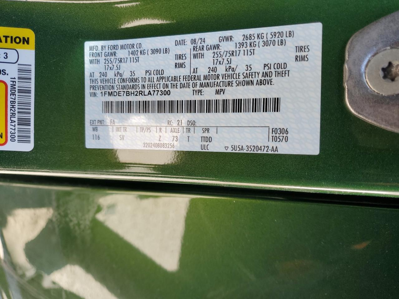 2024 FORD BRONCO BIG BEND VIN:1FMDE7BH2RLA77300