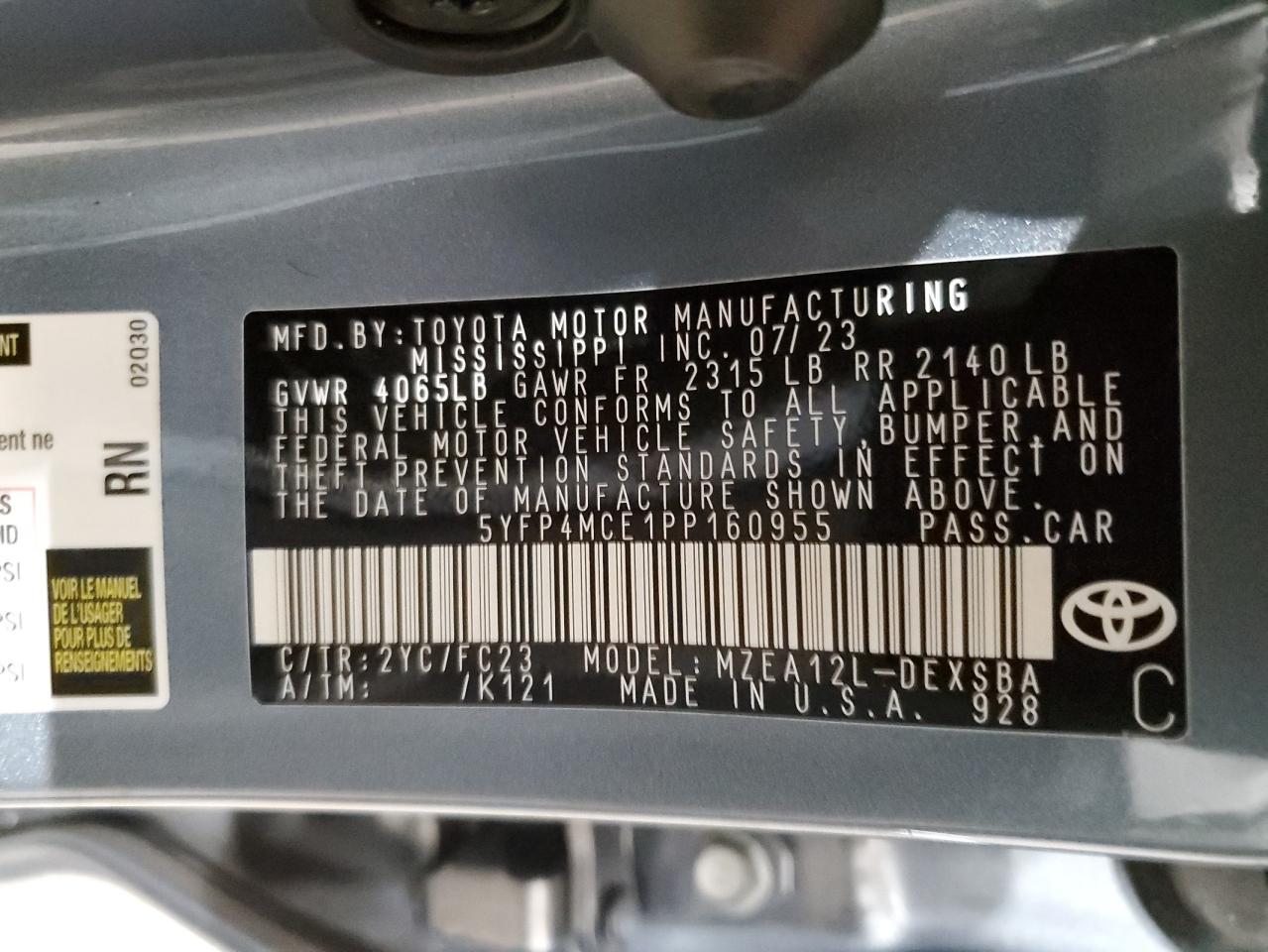 2023 TOYOTA COROLLA SE VIN:5YFP4MCE1PP160955