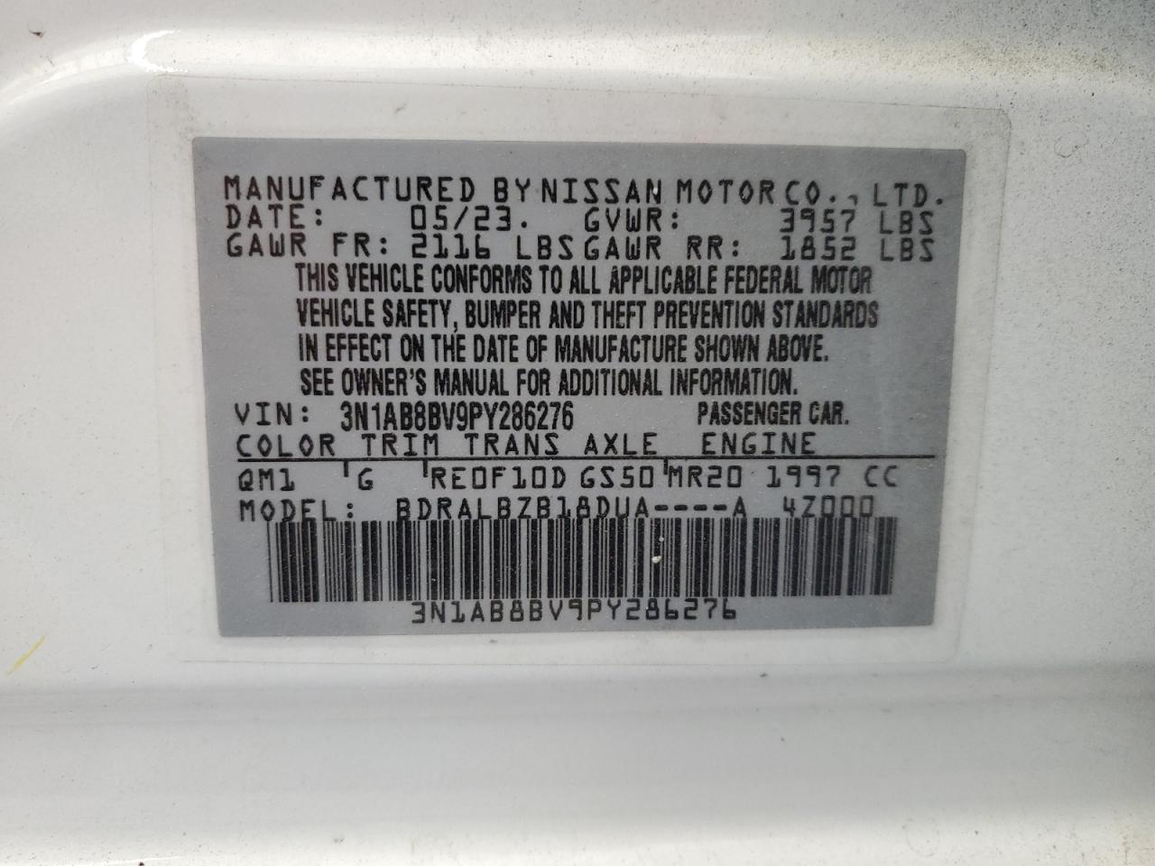 2023 NISSAN SENTRA S VIN:3N1AB8BV9PY286276