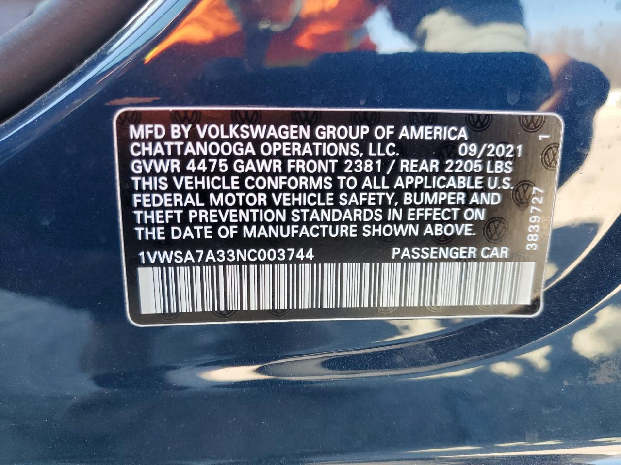 2022 VOLKSWAGEN PASSAT SE VIN:1VWSA7A33NC003744