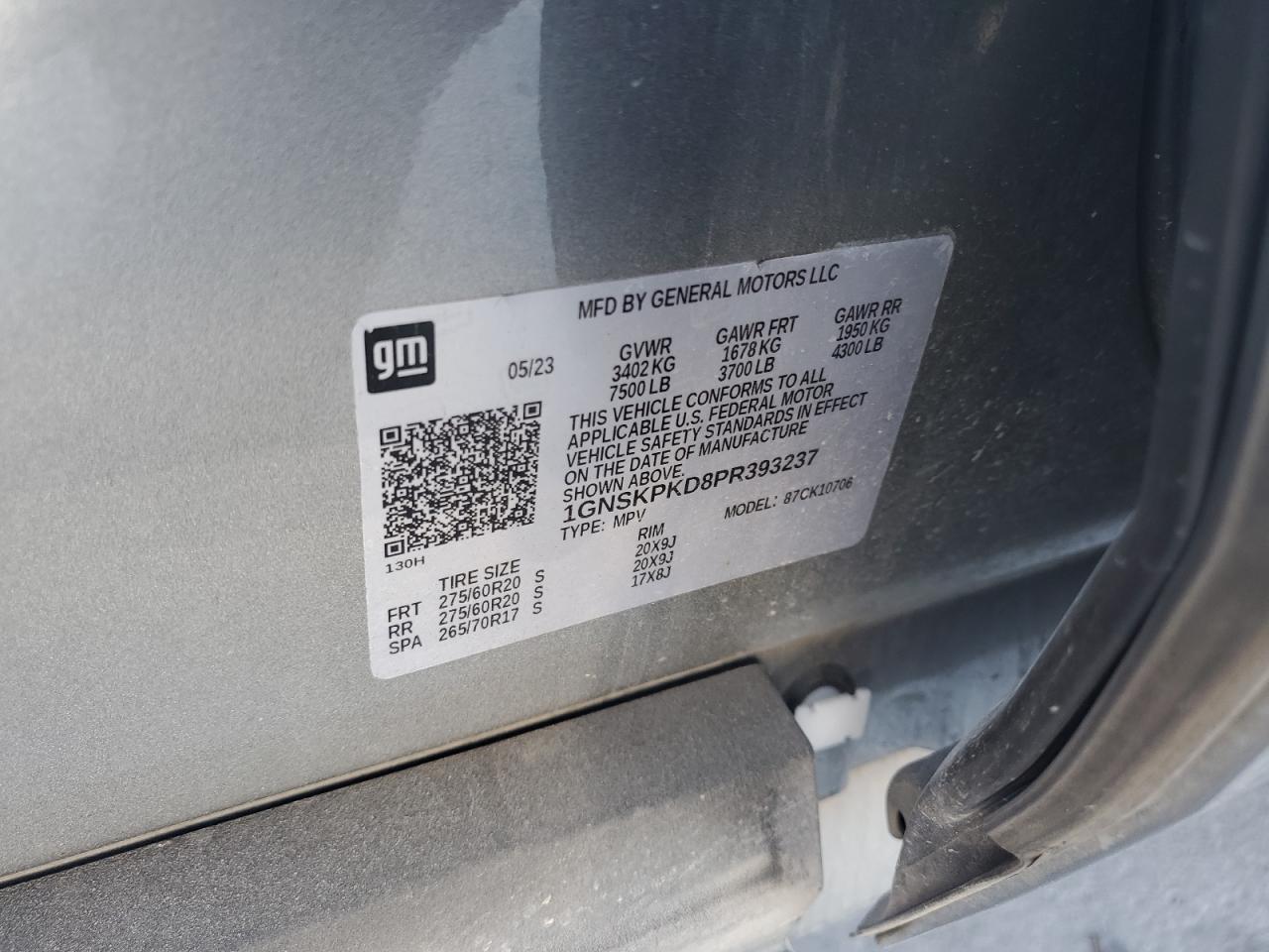 2023 CHEVROLET TAHOE K1500 Z71 VIN:1GNSKPKD8PR393237