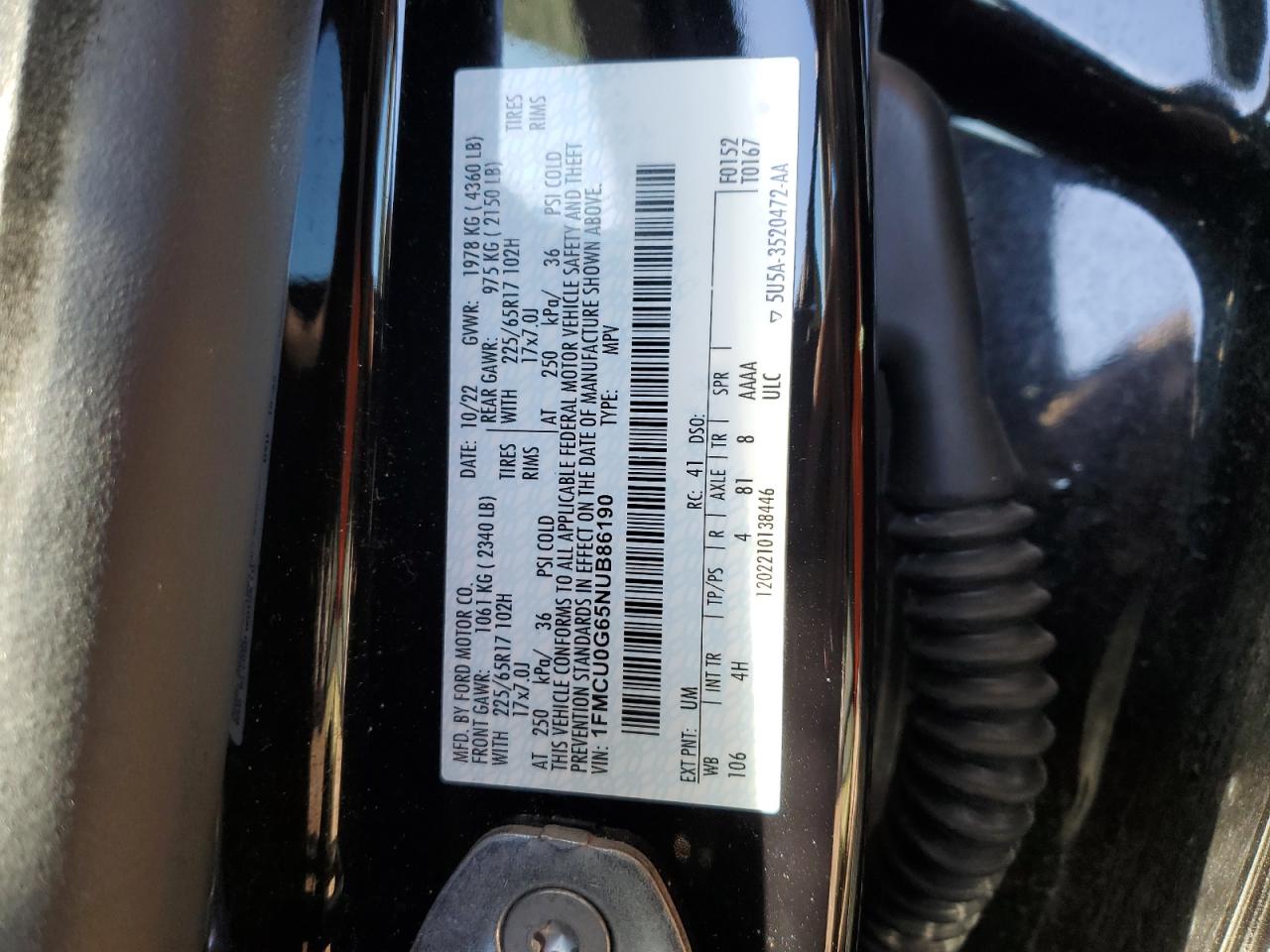 2022 FORD ESCAPE SE VIN:1FMCU0G65NUB86190