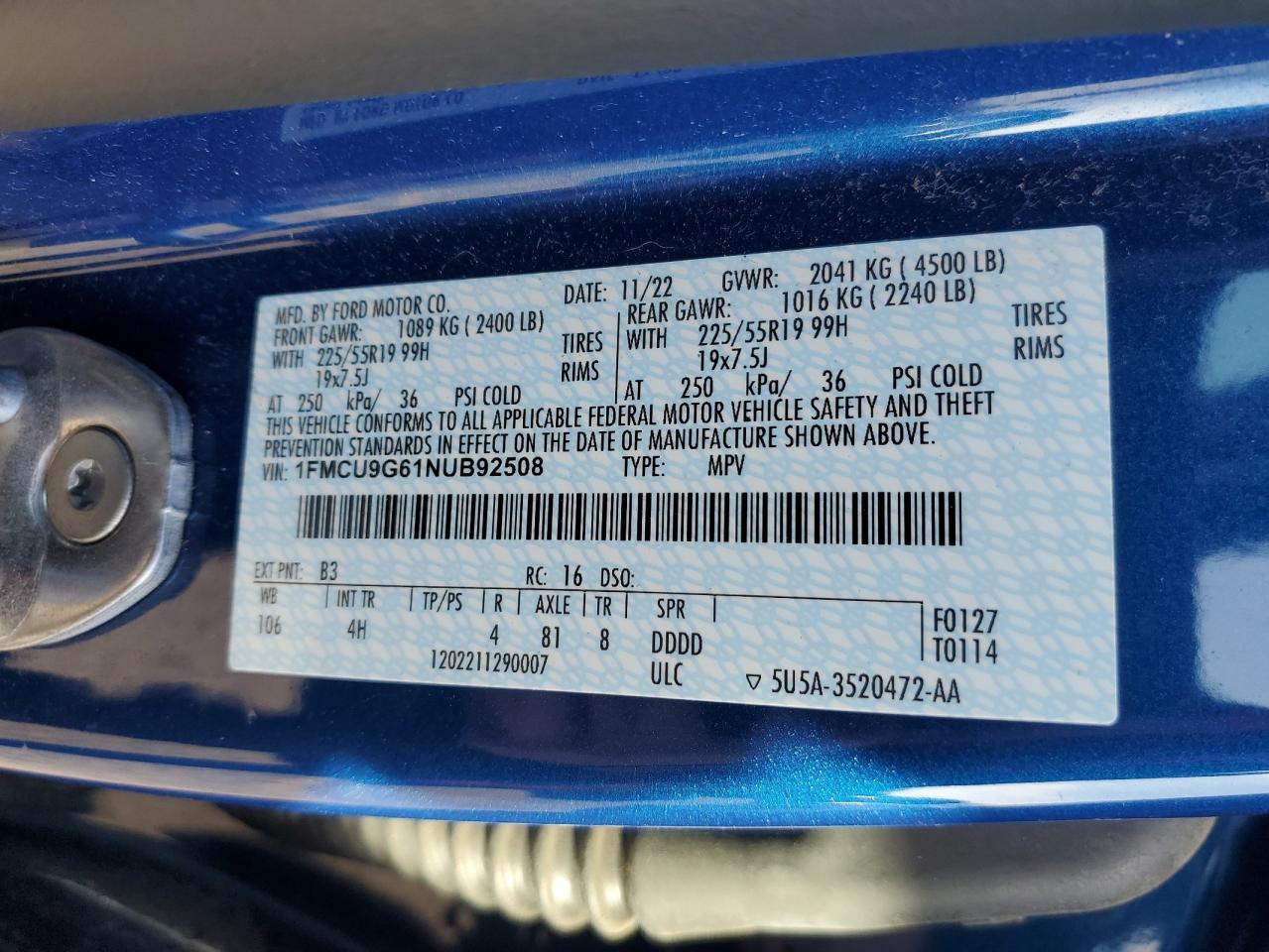 2022 FORD ESCAPE SE VIN:1FMCU9G61NUB92508