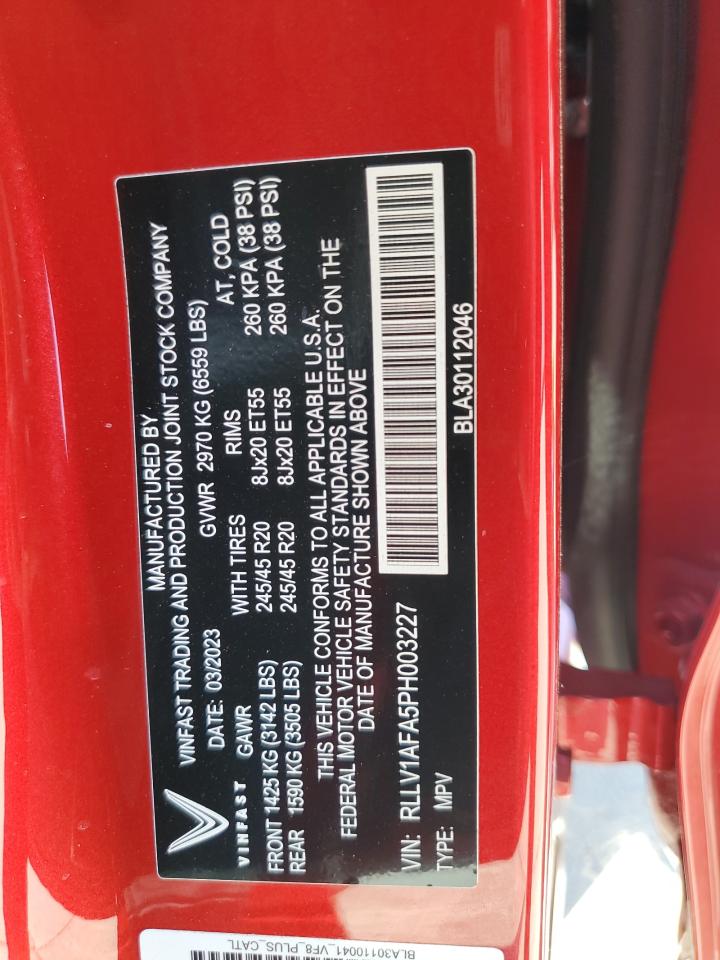 2023 VINFAST TRADING AND PRODUCTION LLC VF 8 PLUS VIN:RLLV1AFA5PH003227