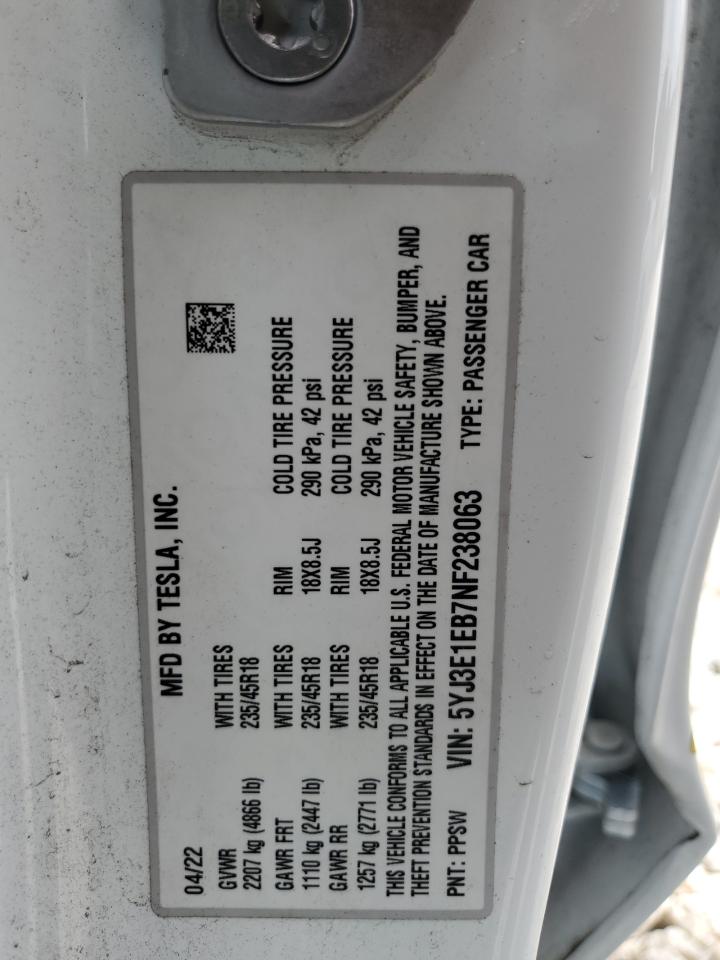 2022 TESLA MODEL 3 VIN:5YJ3E1EB7NF238063