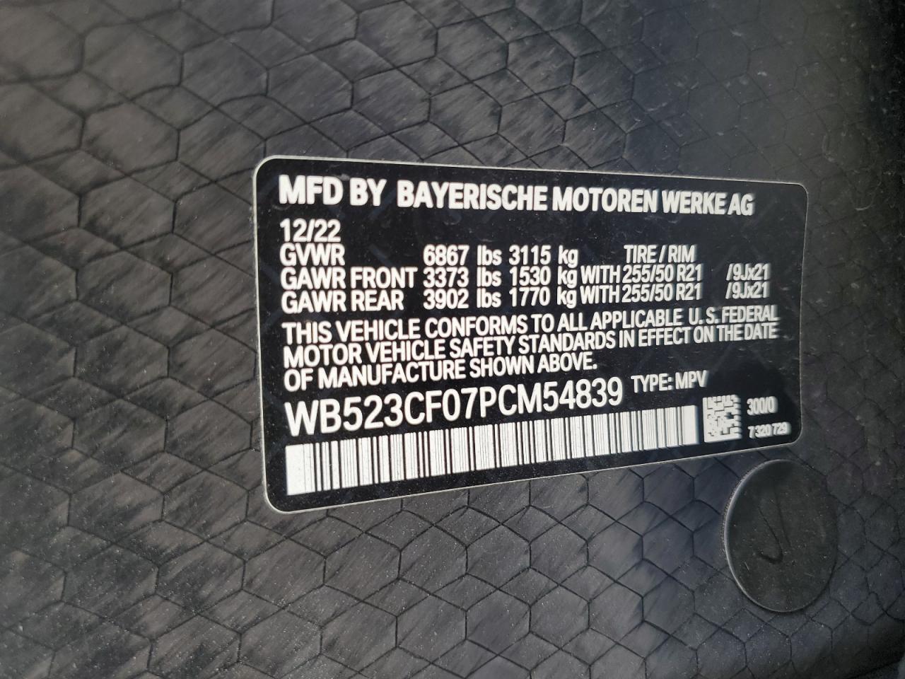 2023 BMW IX XDRIVE50 VIN:WB523CF07PCM54839