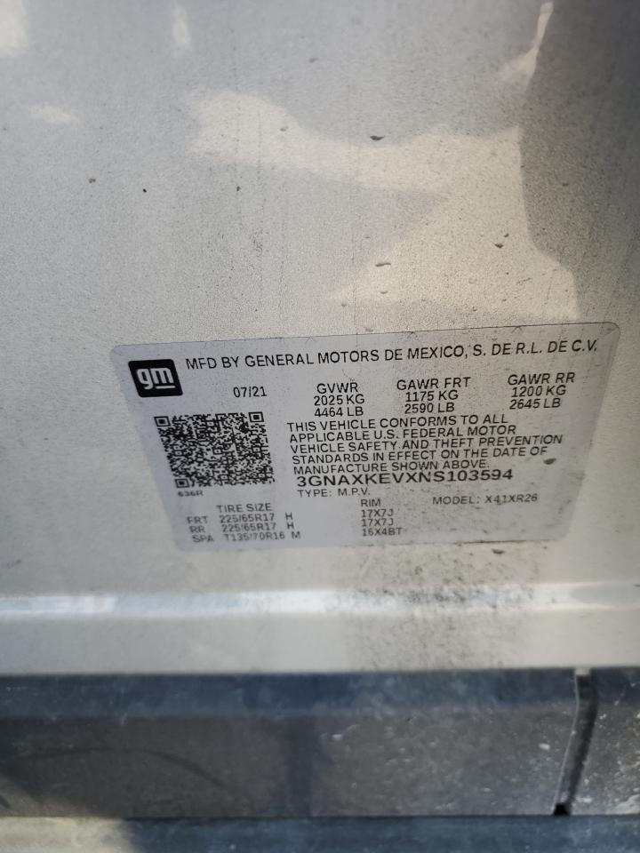 2022 CHEVROLET EQUINOX LT VIN:3GNAXKEVXNS103594