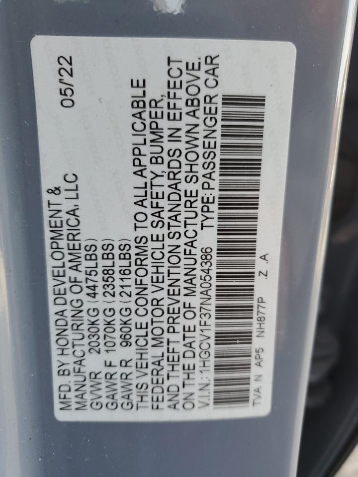 2022 HONDA ACCORD SPORT VIN:1HGCV1F37NA054386