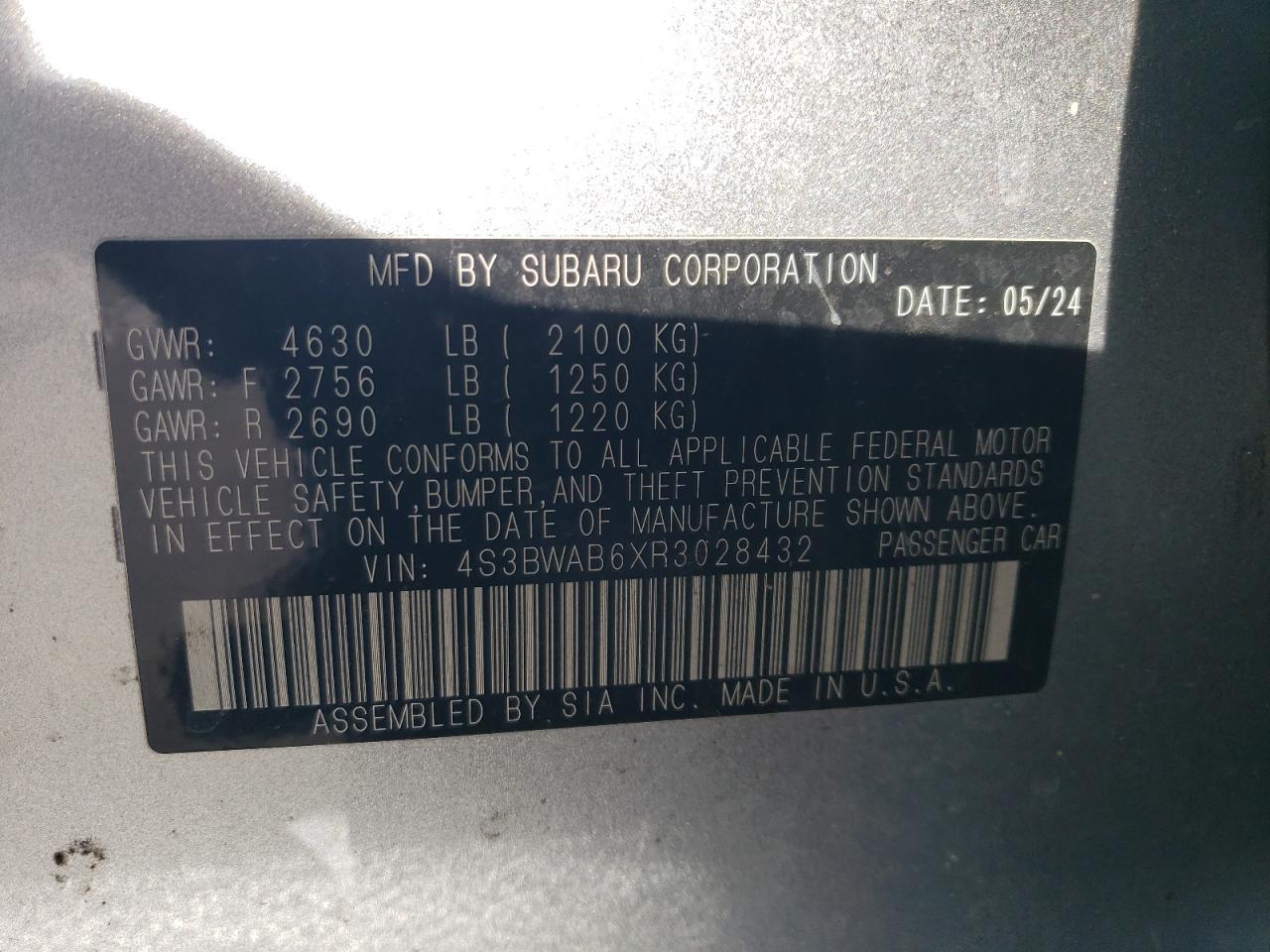 2024 SUBARU LEGACY VIN:4S3BWAB6XR3028432