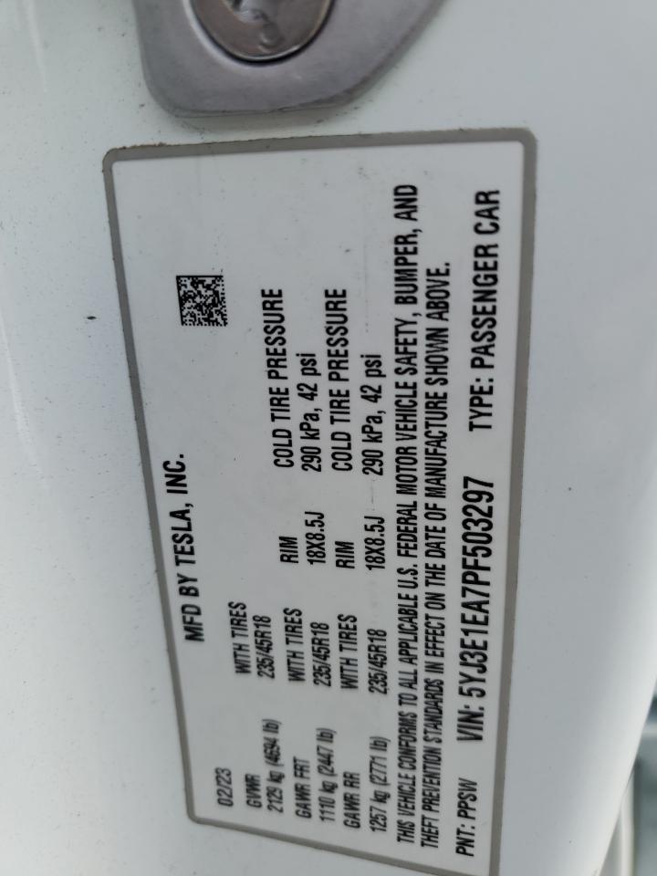 2023 TESLA MODEL 3 VIN:5YJ3E1EA7PF503297