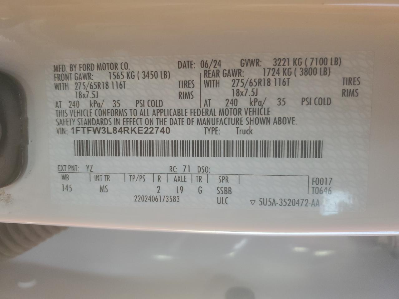 2024 FORD F150 XLT VIN:1FTFW3L84RKE22740