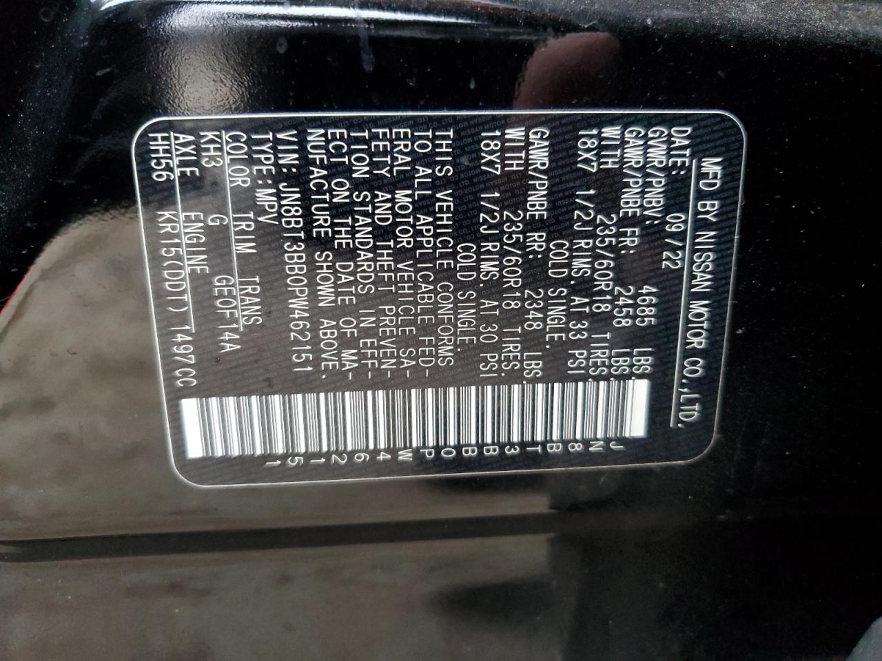 2023 NISSAN ROGUE SV VIN:JN8BT3BB0PW462151