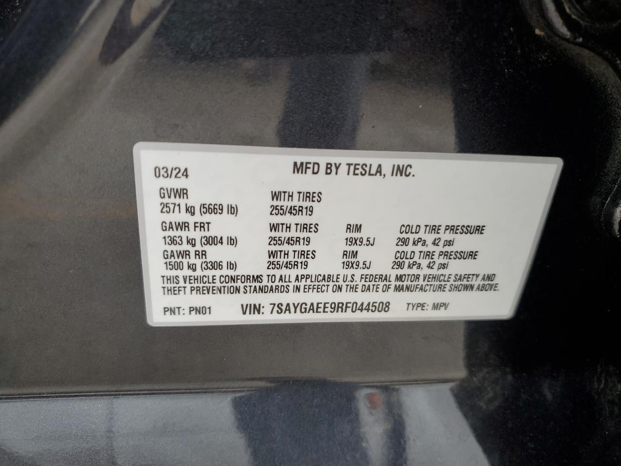 2024 TESLA MODEL Y VIN:7SAYGAEE9RF044508