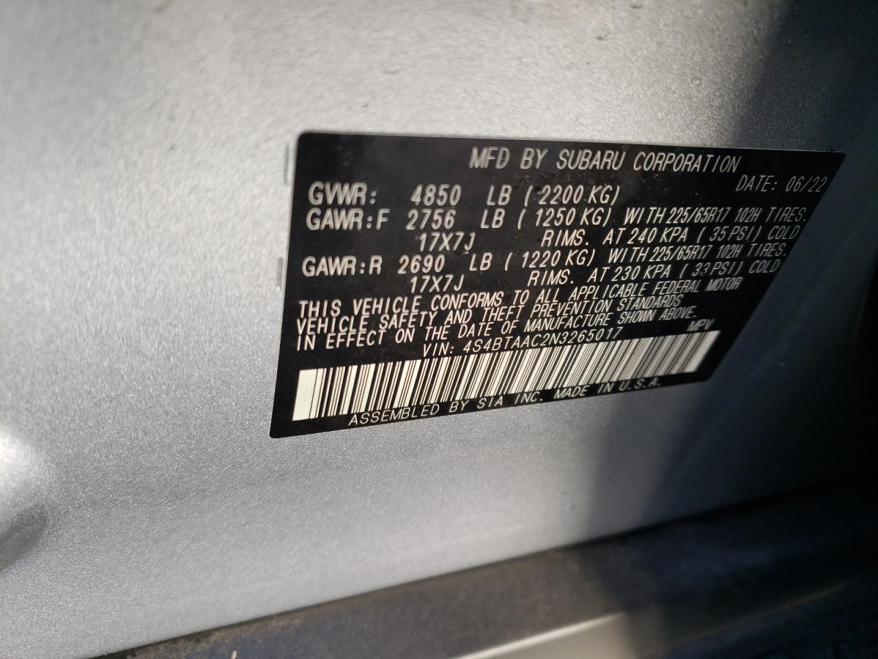 2022 SUBARU OUTBACK VIN:4S4BTAAC2N3265017