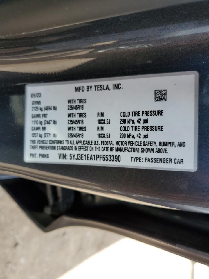 2023 TESLA MODEL 3 VIN:5YJ3E1EA1PF653390