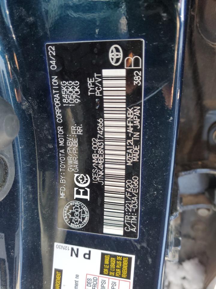 2022 TOYOTA COROLLA SE VIN:JTNK4MBE8N3174266