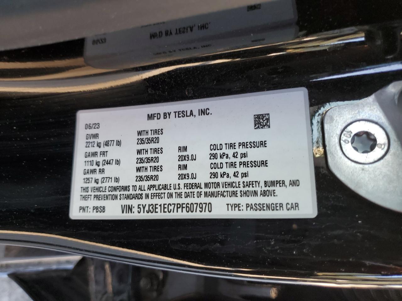 2023 TESLA MODEL 3 VIN:5YJ3E1EC7PF607970