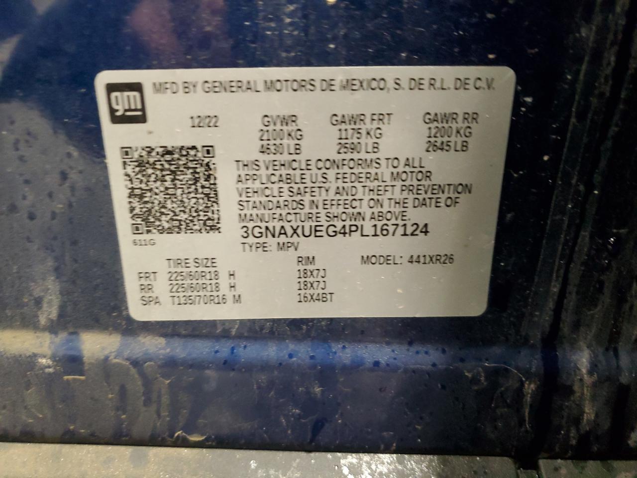 2023 CHEVROLET EQUINOX LT VIN:3GNAXUEG4PL167124