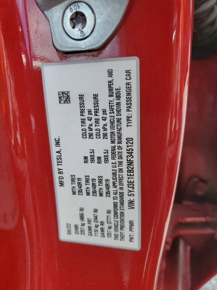 2022 TESLA MODEL 3 VIN:5YJ3E1EB2NF345120